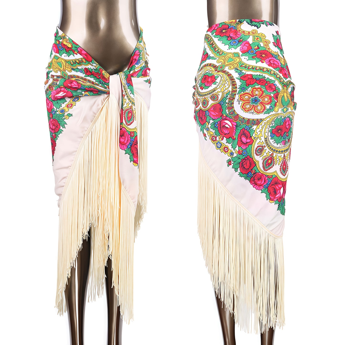Women'S Luxury Boho Floral Fringe Hip Scarf - Elegant Belly Dance Wrap Skirt & Shawl with Tassel Hem, Vibrant Red Color Options, Multicolor Printed Bohemian Style for Beach, Festival, Party, Travel - Versatile Sarong Cover Up