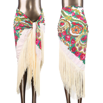 Women'S Luxury Boho Floral Fringe Hip Scarf - Elegant Belly Dance Wrap Skirt & Shawl with Tassel Hem, Vibrant Red Color Options, Multicolor Printed Bohemian Style for Beach, Festival, Party, Travel - Versatile Sarong Cover Up