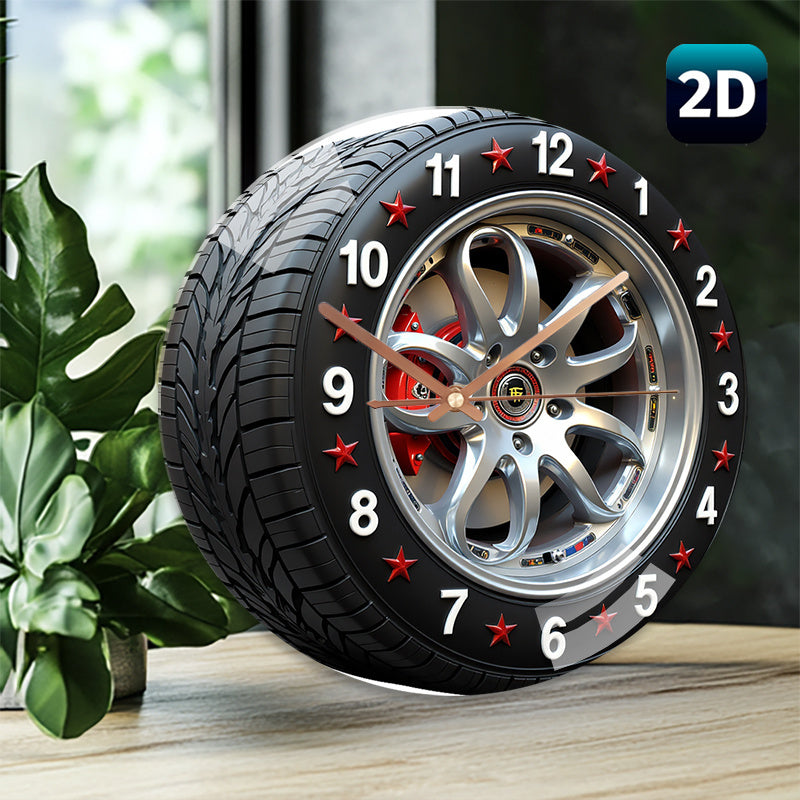 12 Inch Large Modern Car Tire Wall Clock - Heated Glass Silent Quartz Movement with Mechanism, Red & Black Rims & White Face - Battery- (AA Not Included) - Auto-Themed Home Decor for Living Room, Bedroom, - Novel, 2D Flat