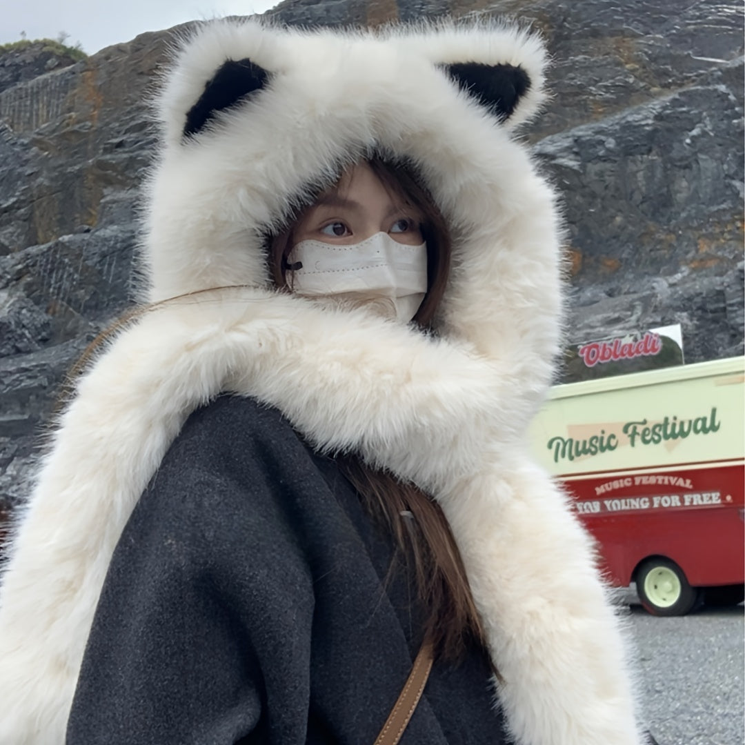 [Cat Ear Hat Scarf] A Soft Polyester Faux Fur Cat Ear Hat with an Integrated Scarf, Suitable for Both Men And Women in Winter, Stylish And Unisex, Lightweight, with a Closure, Perfect for Singles Parties.
