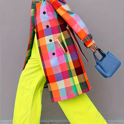 Colorful Plaid Print - Directional Durable Construction - Women's Raincoat with Belt - Elegant Long-Sleeved Jacket with Front Ties - Machine Washable Polyester - Bright Plaid Design - Perfect for Casual Fashionable Outfits