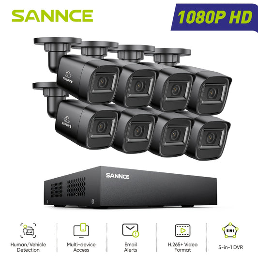 SANNCE 8CH 1080P Security Camera System with 8pcs 2MP Wired Surveillance Bullet Cameras 5-in-1 CCTV DVR Recorder with 100ft Night Vision, Motion Alert, Remote Access, Property Monitoring, Business Surveillance, Compact System