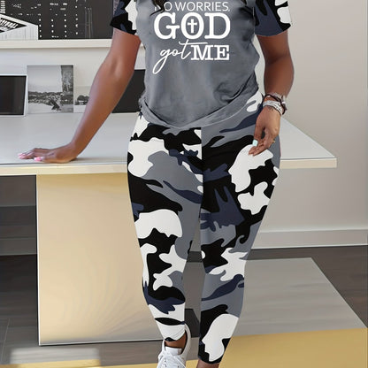 No Worries, God Got Me Camouflage Print Spring And Summer Short-sleeved Round Neck T-shirt Camouflage Print Tight Trousers Suit Spring And Summer S Leisure Two-piece Suit, Casual Wear, Leisure Outfit, Short Sleeve Top, Tight