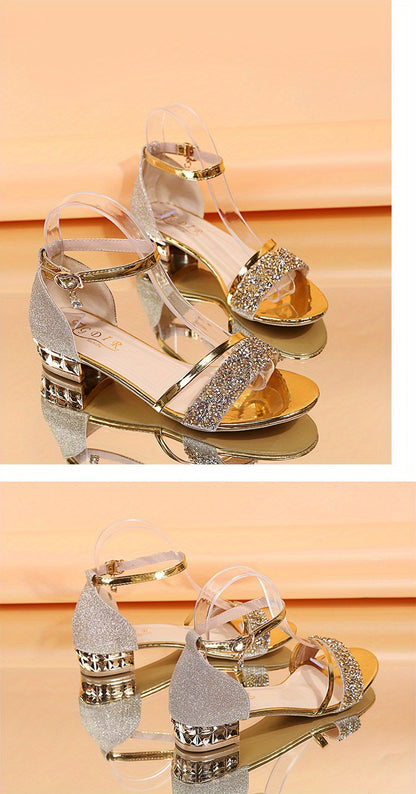 Women'S European-American Style Low Block Heel Sandals - Open-Toe with Adjustable Strap, Non-Slip Synthetic Sole - Size 43 (US 10.5) - for Parties, Weddings, Everyday - Summer Women'S Shoes, Wedding Footwear, Rhinestone Embel