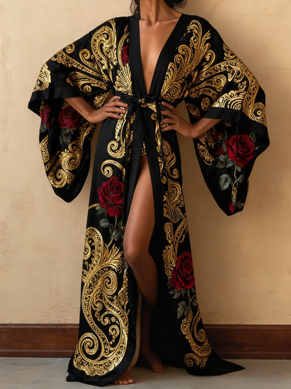 Ladies' Fashionable Loose Bathrobe And Kimono Dress, Featuring Exquisite And Elegant Printed Long Sleeves. A Versatile Outfit Perfect for Role-Playing, Everyday Wear, Valentine'S Day Couple Dates, And Beach Vacations. A Must-