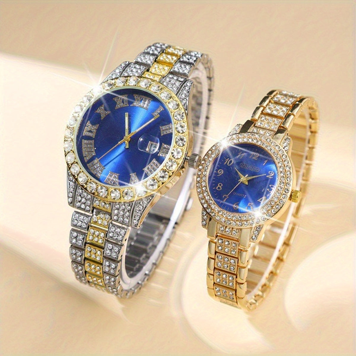 2pcs/ set, Couple Watches Sets, Luxury Rhinestone Setting Stainless Steel Strap Quartz Watches Analog Elegant Round Dial Design Wristwatch, Middle East, Ramadan Ideal Choice for Gifts.