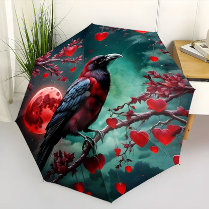 Automatic Folding Umbrella A red and black crow perched on a branch with red hearts against a full red moon. Portable collapsible design, casual outdoor accessory, Christmas birthday festival friends family