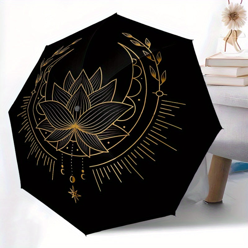 1pc Lotus Mandala Automatic Open/Close Folding Compact Umbrella - 8-Rib Sturdy Canopy, Lightweight Portable, Durable Plastic & Iron Construction, Elegant Black & Golden Design for Daily Commute, Travel, Outdoor Use - Fashiona