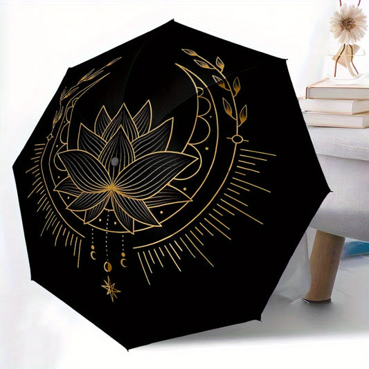 1pc Lotus Mandala Automatic Open/Close Folding Compact Umbrella - 8-Rib Sturdy Canopy, Lightweight Portable, Durable Plastic & Iron Construction, Elegant Black & Golden Design for Daily Commute, Travel, Outdoor Use - Fashiona