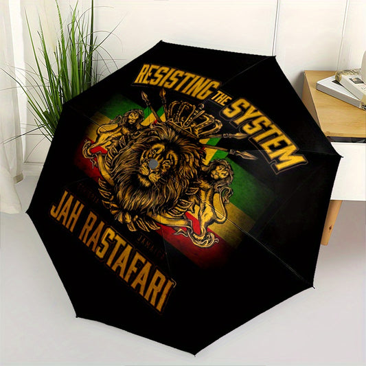 Open/Close Jah Rastafari Lion Crown Umbrella with Rasta Colors (Green/Red/Yellow/Black) - 8-Rib Heavy-Duty Iron Frame, Foldable Canopy for all-Weather Use, Iconic Lion Crown Top for Outdoor, Travel, and for home Entrance - Un