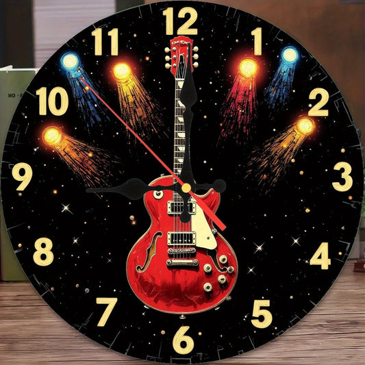 bell Z, 1pc Guitar Theme Wooden Wall Clock- Silent Non-Ticking Japanese Quartz Movement, AA Battery Powered(Not Included), Bright Red Electric Guitar and Fireworks Star Pattern, Round Shape Suitable for Living Room, Bedroom,