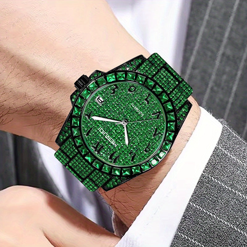 1pc Men's Luxury Green Tourbillon Mechanical Watch with Automatic Movement, 4-Hand Display (Hour/Minute/Second/Chronograph) - -Green Dial, Golden Hands & Black Bezel, Steel Band, Calendar, Mechanical Tourbillon Mechanism, No