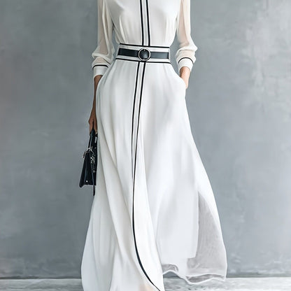 ARTPAGE Spring French Elegant Color-Block Long-Sleeve Dress with High Neck, Chiffon Long Skirt, and Belt
