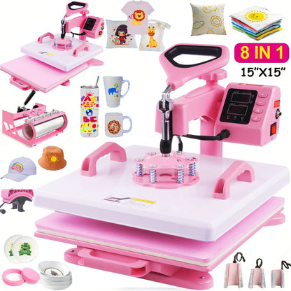 This Is a Versatile Heat Press Machine Combo Featuring an 8 in 1 And 5 in 1 Design, with Dimensions of 15"X15" And 15"X12". It Has a Rotatable Design And Is Suitable for Transferring Images Onto Various Items Such As T-Shirts