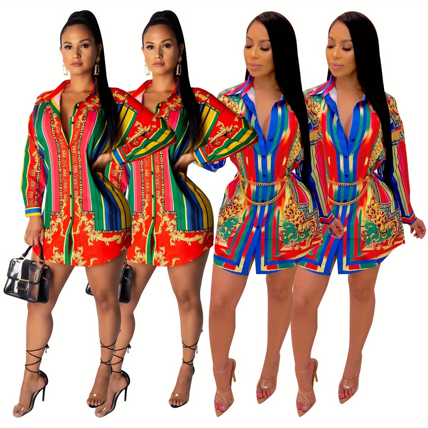 Ladies' Casual Shirt Dress with Colorful Striped Long Sleeved Shirt Dress