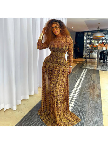 Women'S Elegant Long Sleeve Maxi Dress with Ruched Waist & Geometric Print - Loose Fit Bodycon Silhouette, Round Neck Long Dress in Brown - Comfortable Formal & Semi-Formal Outfits for Fall/Winter, Casual to Formal Events - V