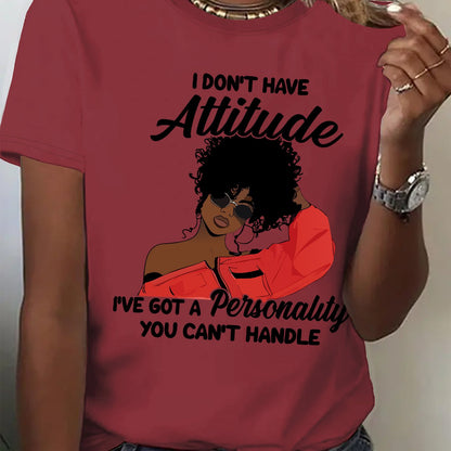 Women's "I Don't Have Attitude" Slogan Graphic T-Shirt - Vibrant Red Short Sleeve Crew Neck Casual Top with Bold Text & Fashion Glasses Design, Machine Washable All-Season Comfort Fit Tee, Fashionforward Look, Durable Fabric