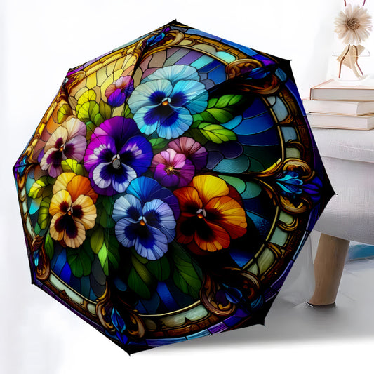 8-Rib Automatic Open Folding Umbrella with Floral Pattern - Vibrant Multicolor Flower Design, Durable Plastic Handle & Iron Frame, Portable Sunshade for Halloween &, Christmas Gifts, Casual Style, Umbrella For Rain, Rain Umbr