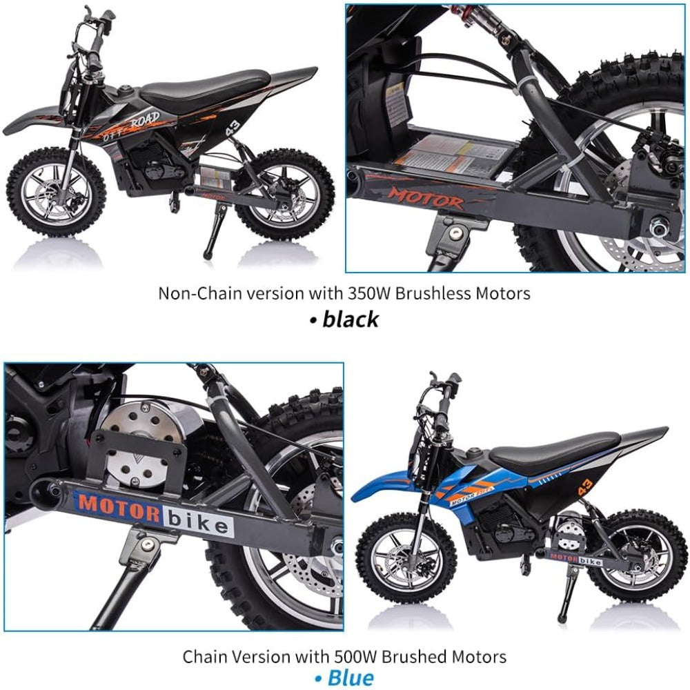36V Electric Dirt Bike for Kids 13-16 Years, 15.5 MPH High-Speed Off-Road Motorcycle with 350W/500W Motor (Brushless/Brushed), 175 lbs Capacity, All-Terrain ATV-Like Bike, Front/Rear Brakes & LED (-)
