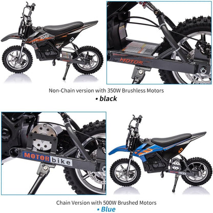 36V Electric Dirt Bike for Kids 13-16 Years, 15.5 MPH High-Speed Off-Road Motorcycle with 350W/500W Motor (Brushless/Brushed), 175 lbs Capacity, All-Terrain ATV-Like Bike, Front/Rear Brakes & LED (-)