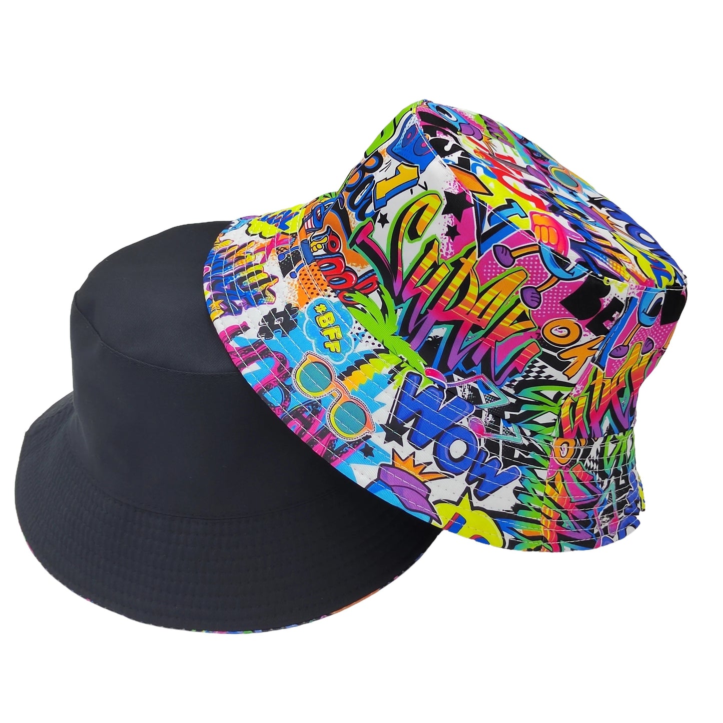 Bucket Hat - Unisex - Graffiti Print - Reversible Closure - Hand Washable - 100% Polyester Lightweight Fabric - Tie-Dye Pattern - Handmade Printing - All-Season Outdoor Fashion Accessory - For New Year Celebration