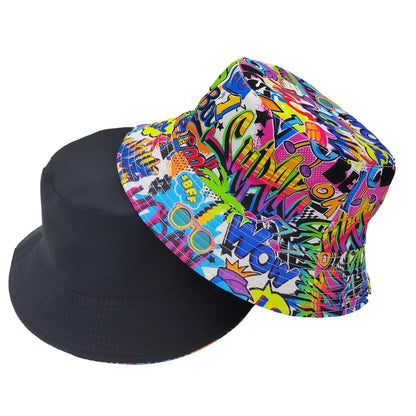 Bucket Hat - Unisex - Graffiti Print - Reversible Closure - Hand Washable - 100% Polyester Lightweight Fabric - Tie-Dye Pattern - Handmade Printing - All-Season Outdoor Fashion Accessory - For New Year Celebration