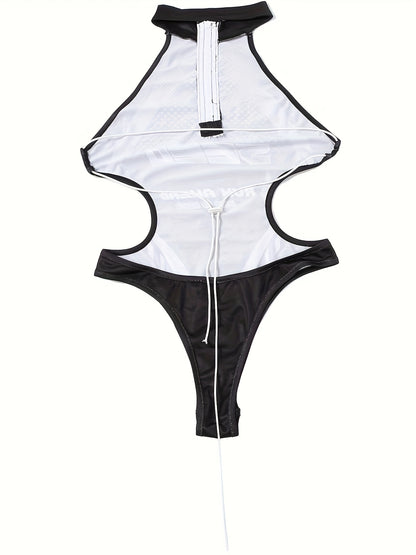 Women's Sexy Slim-Fit One-Piece Swimsuit & Beach Jumpsuit - Hanging Neckline Zipper Bodysuit with Exposed Shoulder Design, Pool Party Wedding Guest Robe, Hand Washable Swimwear Set (Non-) for Vacation & summer Events - Mature
