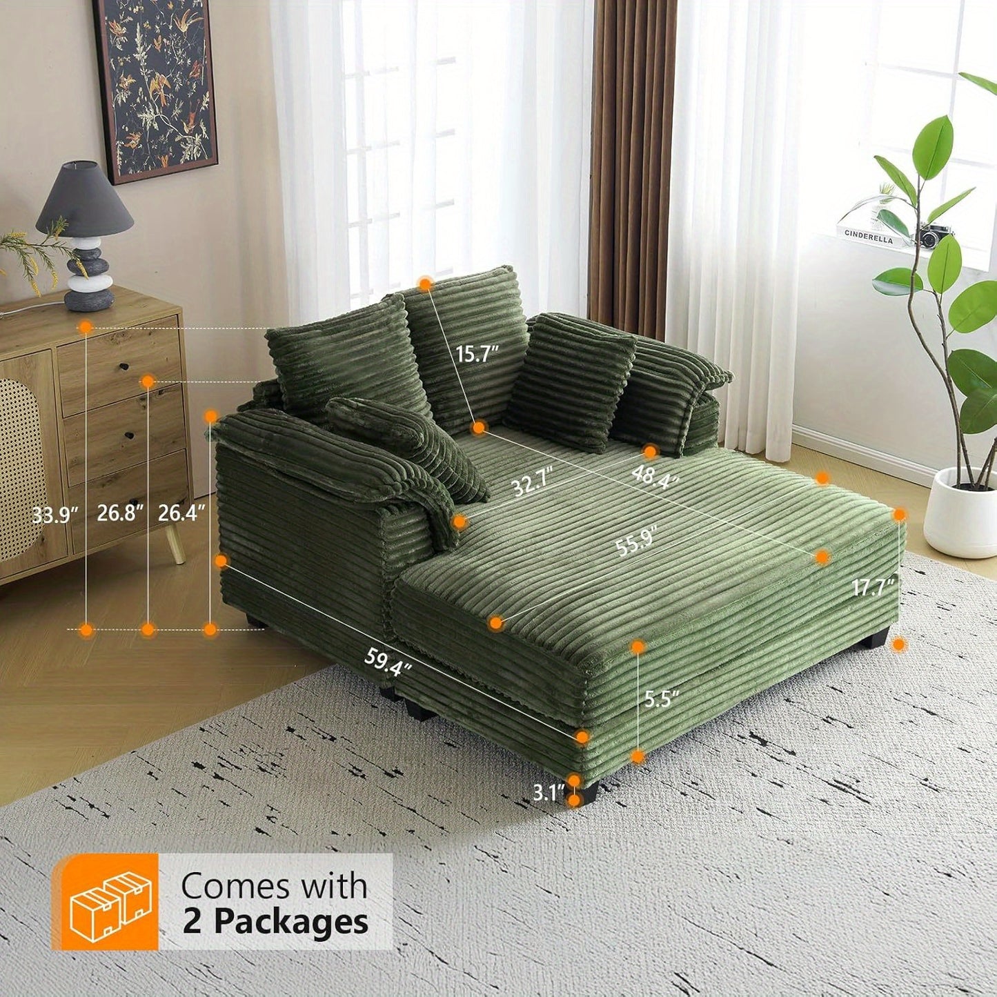 MOTOOS 56" Oversized Sofa Bed, Corduroy Recliner Oversized Sofa, Recliner Bed with Throw Pillows and Armrests, Upholstered Comfortable Sleeper Reading Chair for Living Room, Bedroom, Movie Room