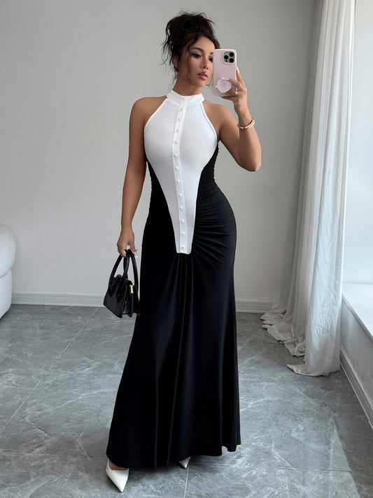 European Style Black White Spliced Maxi Dress | Halter Neck, Sleeveless, Pleated Skirt, Button Details, Elegant Wedding Guest Dress for Fall.