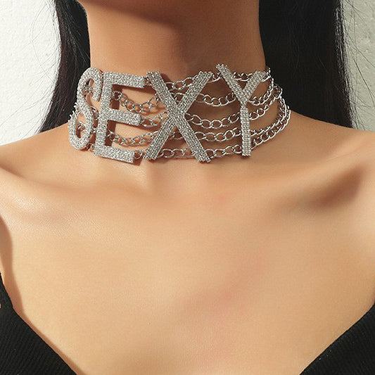 1pc Women's Rhinestone Choker Necklace with S-E-X-Y Letters - Sparkling June Birthstone for Parties, Valentine's Day Gift, Elegant Hip-Hop Collar Chain for Birth control concealment (No plating)