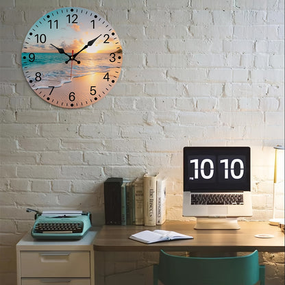 [Wooden Wall Clock] Wooden Wall Clock | Beach Sunrise Design, Silent, for Living Room Bedroom, Room Decor, Office, Christmas New Year Valentine