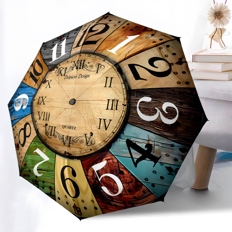 Automatic Open/Close Umbrella with 8 Metal Ribs - Vintage Clock Design, Windproof & Portable Sunshade, Compact Folding Umbrella for Women/Men, Halloween/Christmas Gifts (Brown/Blue/Green/Red/Black/White/Teal/Beige) - Model K0