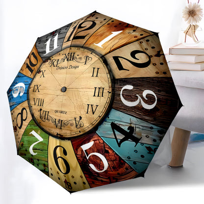 Automatic Open/Close Umbrella with 8 Metal Ribs - Vintage Clock Design, Windproof & Portable Sunshade, Compact Folding Umbrella for Women/Men, Halloween/Christmas Gifts (Brown/Blue/Green/Red/Black/White/Teal/Beige) - Model K0
