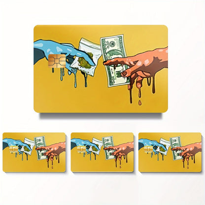 4pcs PVC Credit Card Skins with Money Drip Design & Dollar Bill Pattern - Matte Anti-Residue Vinyl Decals, Hand Washable Protective Cover for Credit/Debit/Transit/Key Cards - One-Time Use, Color Matching ( & Red) - Ideal for