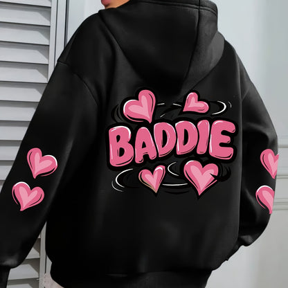 Women's Plus Size Oversized Hooded Sweatshirt 1XL-5XL - Cozy Baddie Graphic Hoodie with Heart Print, Long Sleeve Pullover, All-Season Casual Wear, Black Sweatshirt for Women Suitable for 1XL-5XL