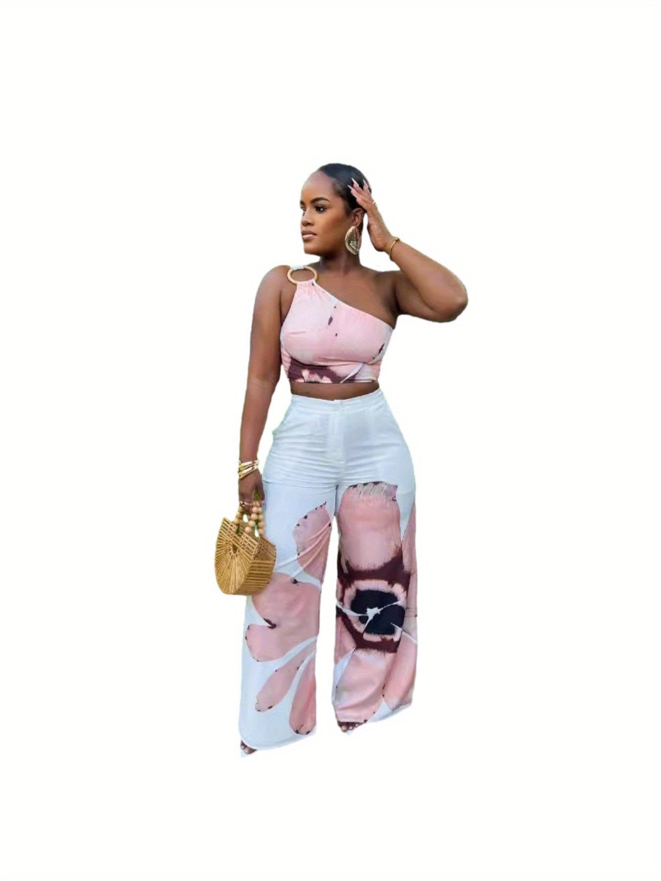 D9738 Women'S Y2K Fashion Floral Print One-Shoulder Slim Fit Wide-Leg Pants Two-Piece Set - Sexy Spring/Fall Outfit, Spring Fashion|Sleek Shoulder Design|Polyester Fabric