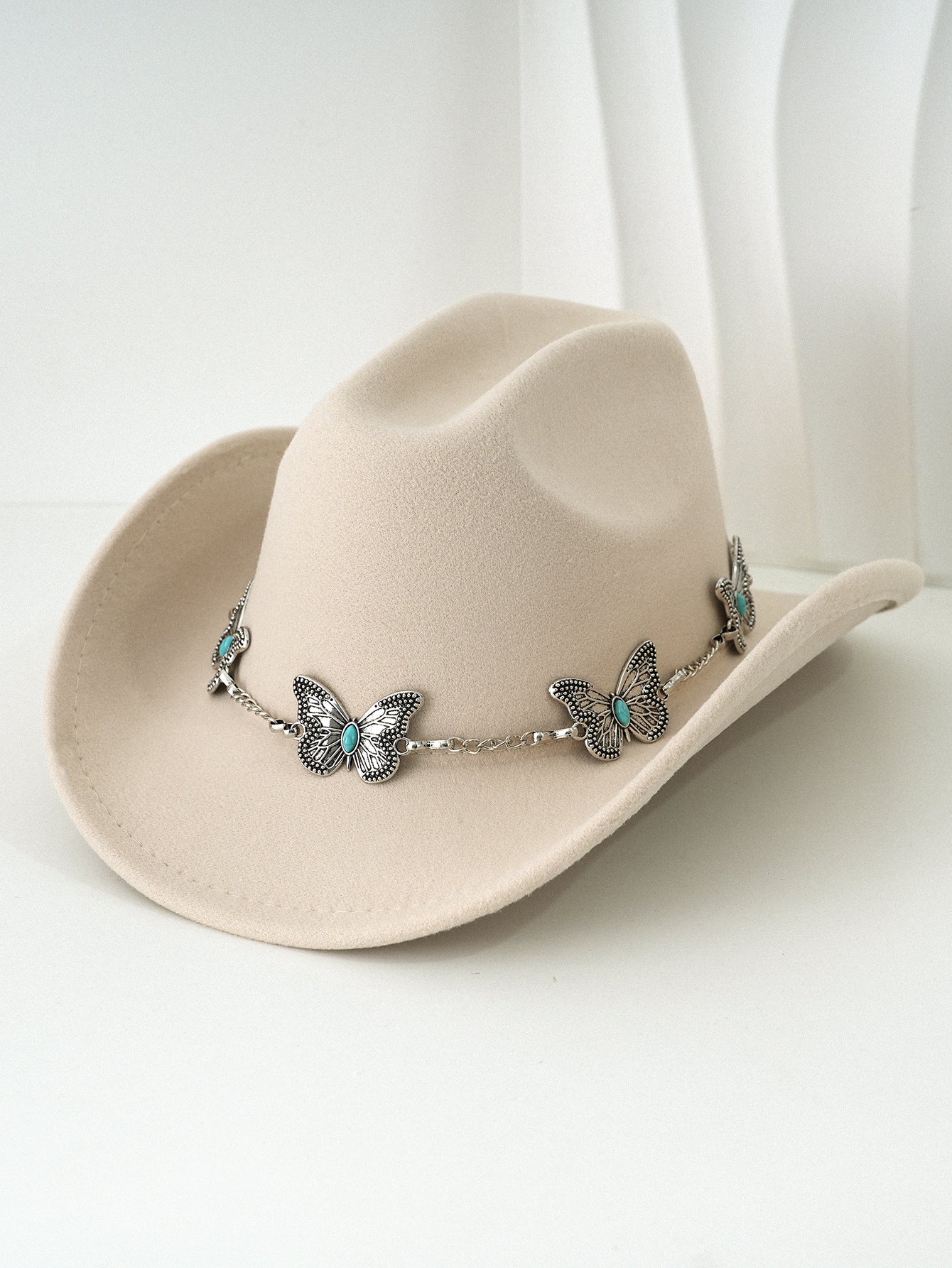 Women'S Bohemian Turquoise & White Cowboy Hat - Felt Wide Brim Sun Hat with Butterfly Metal Chain Accent, Non-Stretch Formal & Western Style for Christmas, Festivals, Casual Attire - Hand Washable Elegant Felt Cowboy Cap, Cow