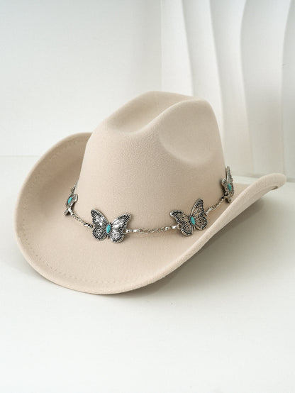 Women'S Bohemian Turquoise & White Cowboy Hat - Felt Wide Brim Sun Hat with Butterfly Metal Chain Accent, Non-Stretch Formal & Western Style for Christmas, Festivals, Casual Attire - Hand Washable Elegant Felt Cowboy Cap, Cow