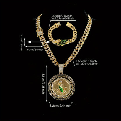 Fashion Watch Set St. Jude Rotating Coin Pendant & Bracelet&Watch Set - 3pcs Iced-Out Rhinestone Fashion Jewelry for Men and Women