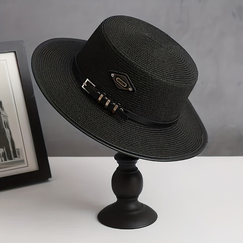 French Retro British Summer Flat Brim Hat - Adjustable Unisex Outdoor Wide Brim Hat with Decorative Buckle and Black Ribbon, Fashionable Sun Hat for Men and Women | Elegant Accessories | Exquisite Weaving, Stylish Headwear, C