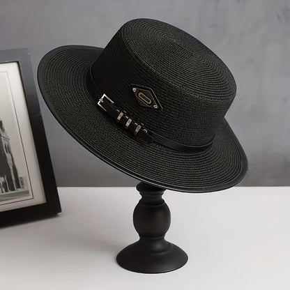 French Retro British Summer Flat Brim Hat - Adjustable Unisex Outdoor Wide Brim Hat with Decorative Buckle and Black Ribbon, Fashionable Sun Hat for Men and Women | Elegant Accessories | Exquisite Weaving, Stylish Headwear, C