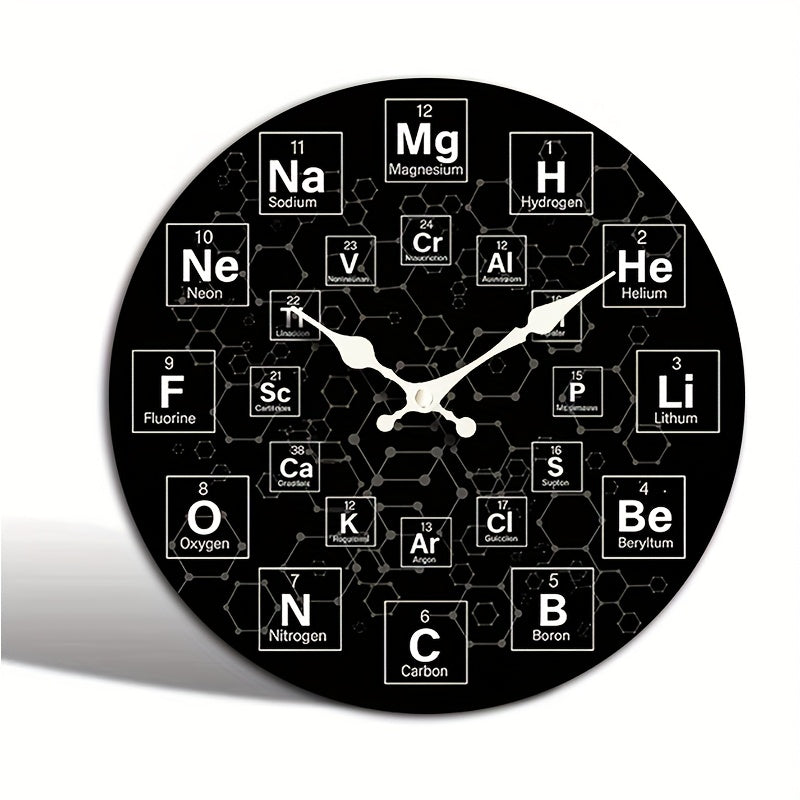 1pc Round Clock, Periodic Table Chemical Symbol Wall Clock, Silent Quartz Round Wooden Clock, Suitable for Bedroom Living Room Office Kitchen Bathroom, Battery Powered (Battery Not Included)