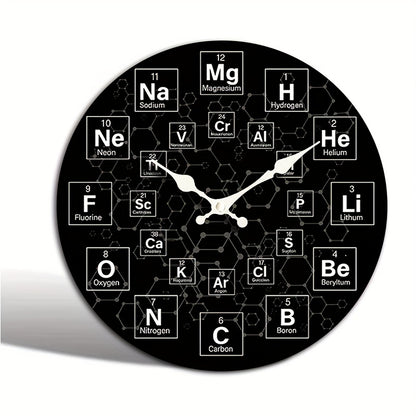 1pc Round Clock, Periodic Table Chemical Symbol Wall Clock, Silent Quartz Round Wooden Clock, Suitable for Bedroom Living Room Office Kitchen Bathroom, Battery Powered (Battery Not Included)