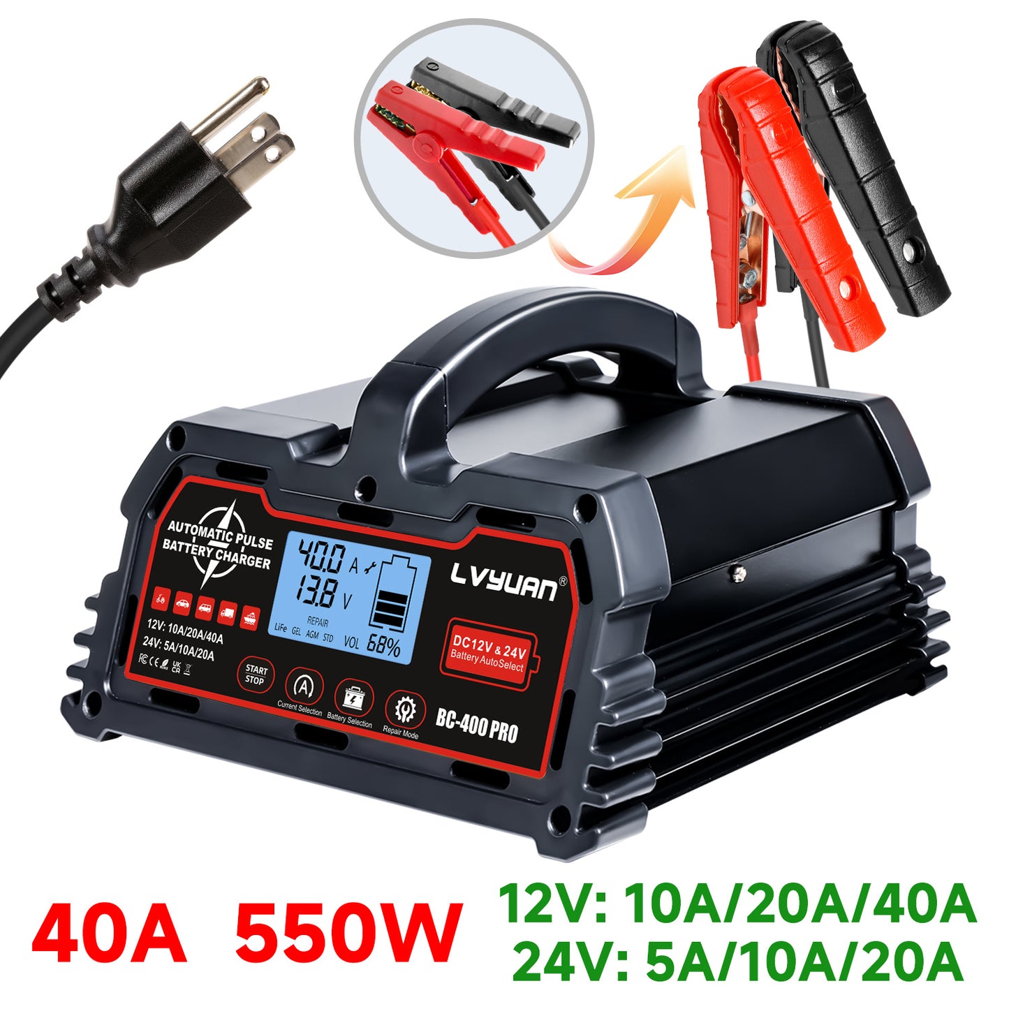 Lifepo4 Battery Charger, 40 Amp Car Battery Charger, Fully Automatic Car Battery Charger for Lead-Acid Batteries (12V/24V) and Lithium Iron Phosphate Batteries (12V), Smart Trickle Charger, AGM Deep Cycle Battery Charger, Sui