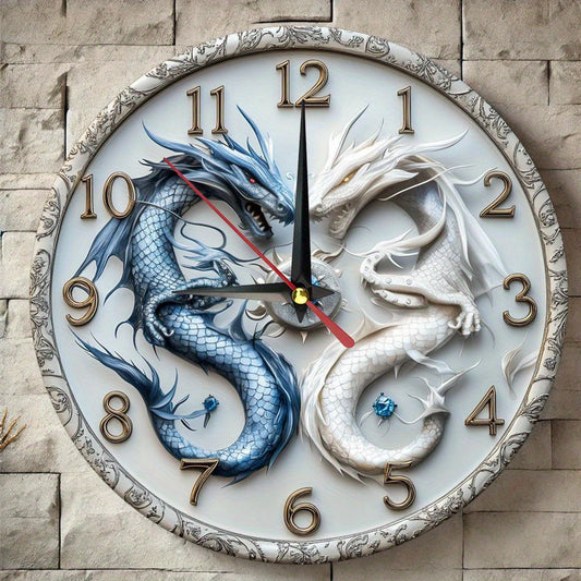 Dragon-Themed Silent Wooden Wall Clock, 9.8" Round - Farmhouse Style for Kitchen, Bedroom, Office Decor | Easy to Read, No Ticking Sound | Battery Not Included