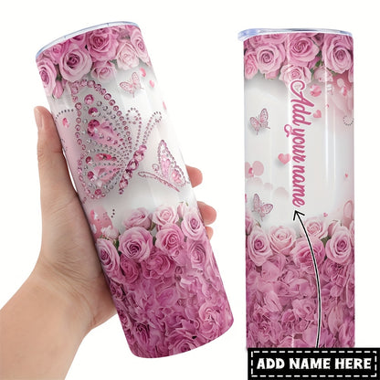 One Personalized 40Oz Tumbler Featuring a Lid And a Butterfly Design, Customized with a Name. This Stainless Steel Water Bottle Is Insulated And Built to Last, Making It a Perfect Gift for Various Occasions Such As Birthdays,