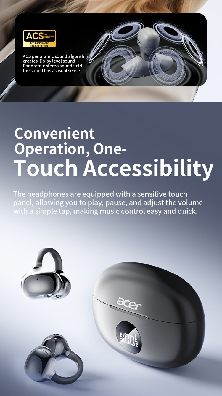Acer 2025 new model back-to-school season TWS Wireless Headset Heavy Bass Stereo + Talking Noise Cancellation Ultra Long Lasting Sports Running hanging ear Low Latency Gaming Mode HIFI Audio Lightweight Touch Design Stylish D