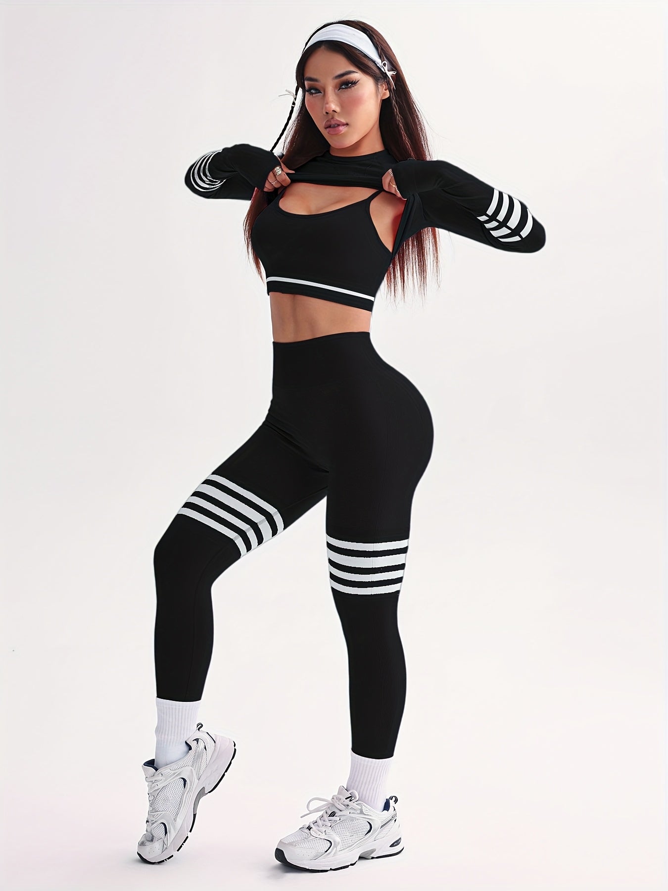 3pcs Women's Full Athletic Set - Seamless Striped Quick-Dry Sports Bra, Tight-Fitting Long Sleeve Gym Pants with Moai Panel Technology | High-Elasticity Moisture-Wicking Fabric for Running, Gymnastics, Training Outfit (All-Se