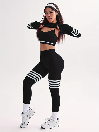 3pcs Women's Full Athletic Set - Seamless Striped Quick-Dry Sports Bra, Tight-Fitting Long Sleeve Gym Pants with Moai Panel Technology | High-Elasticity Moisture-Wicking Fabric for Running, Gymnastics, Training Outfit (All-Se