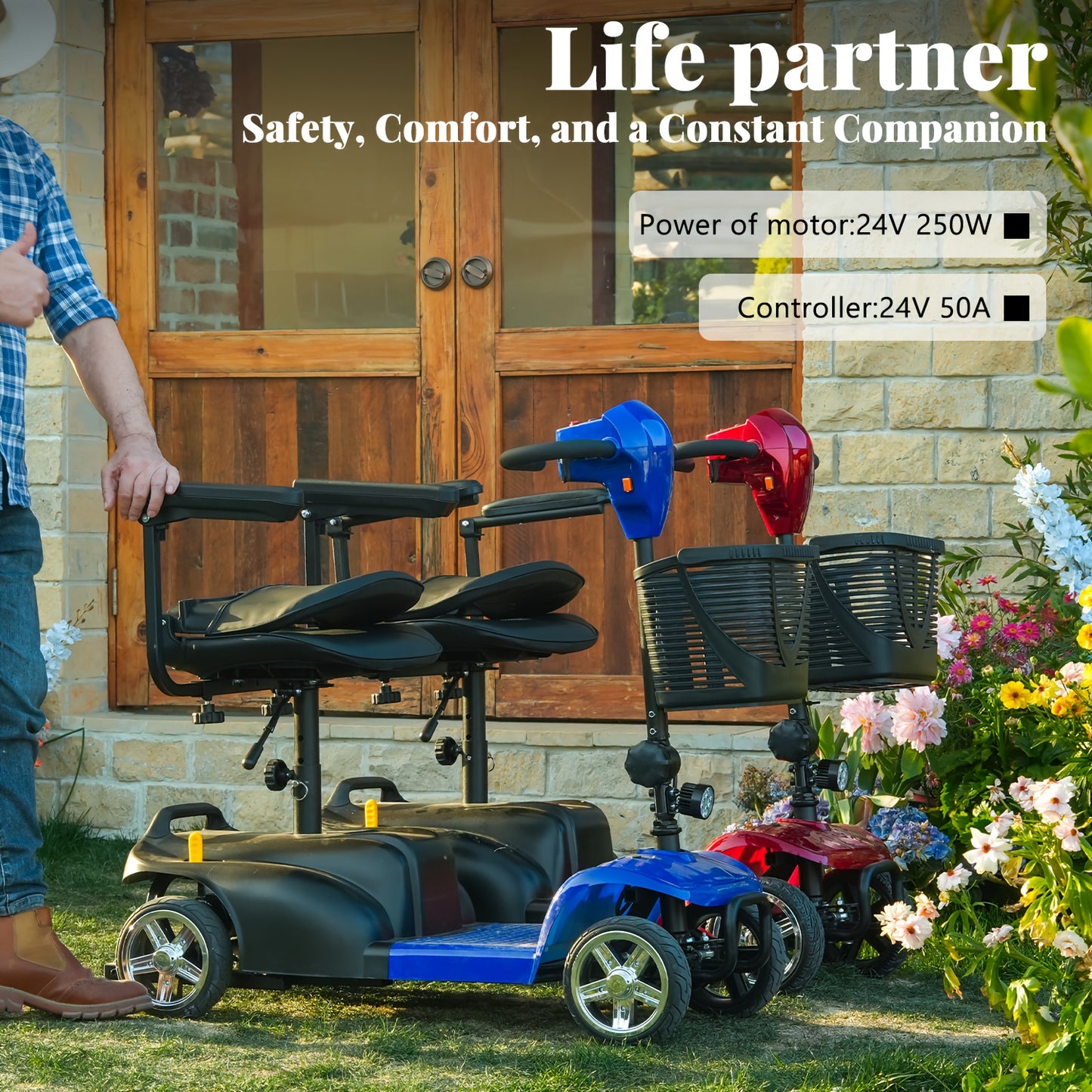Adult And Mobility Scooter: 250W Four-wheel Foldable Scooter with A Speed Of 6 Mph, 24V 13Ah A Range Of 15 Miles, A 360° Swivel Seat, A Removable Shopping Basket And LED Headlights.